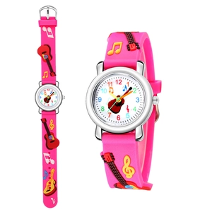 Detailed view of pink silicone strap with 3D embossed guitar and music note patterns
