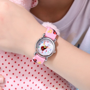 Close-up of pink children watch featuring 3D guitar pattern and colorful music notes