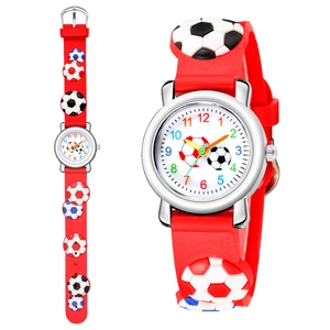 Detail of red children watch featuring 3D embossed football strap and colorful dial