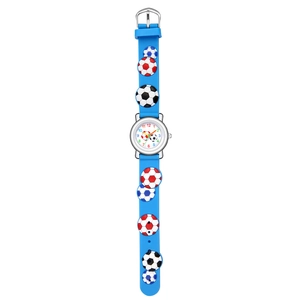 Detail of blue kids' watch with 3D soccer relief patterns and colorful numeral dial