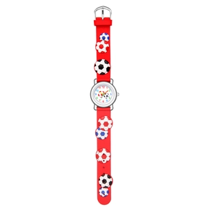 Detail of red silicone watch strap featuring 3D embossed soccer pattern for kids