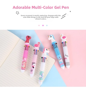 Close-up of 10-color shuttle pens with cute 3D cartoon animal toppers and colorful barrels