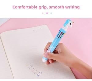 Close-up of 10-color unicorn ballpoint pen with 3D cartoon topper for student journaling