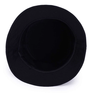 Top view of black cotton bucket hat showing internal lining and neat stitching details