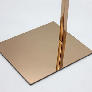 Close-up of polished rose gold mirror finish square metal base for display rack