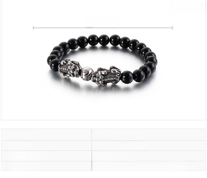 Detail showing black agate beads and silver Pixiu charms with size specs 210x8mm