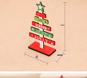 Detail of wooden Christmas tree decor with dimensions and Jolly festive text