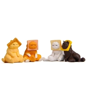 Creative set of 4 resin cat figurines wearing toast bread hats on white background