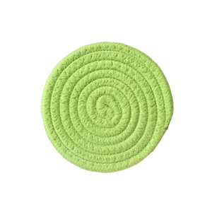 Top-down view of light green woven cotton rope coaster with spiral braided texture