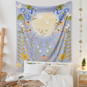 Detailed view of moon phase tapestry fabric texture and floral butterfly print