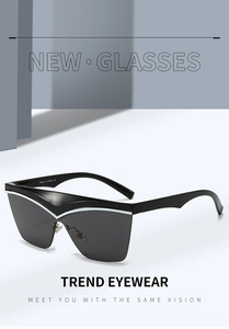 Nahaufnahme moderner Visier-Sonnenbrille mit schwarzem Rahmen und weißer V-Linie