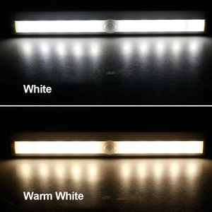 Comparison showing white and warm white LED light strip modes with a round motion sensor