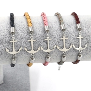 Anchor Bracelet Genuine Cowhide Leather Braided Rope Stainless Steel Adjustable Nautical Punk Jewelry Men Women