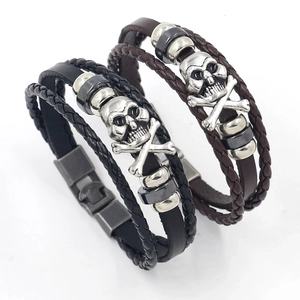 Punk retro skull leather beaded bracelets set in black and brown woven design