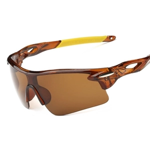 Polarized sports sunglasses with brown frame and yellow anti-slip ear pads for cycling