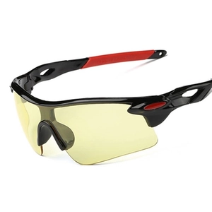 Sport cycling sunglasses with black frame, yellow night vision lenses and red rubber pads