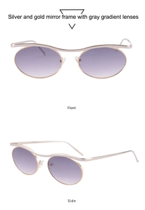 Macro detail of oval gradient sunglasses with wavy metallic frame and silver finish