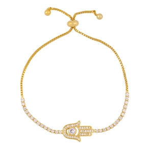 Detailed view of golden Hamsa Hand bracelet with sparkling cubic zirconia on box chain