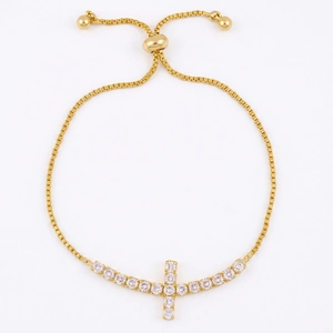 Gold-plated adjustable cross bracelet with sparkling cubic zirconia on box chain