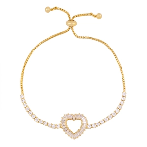 18K gold-plated heart bracelet featuring pavé crystals and adjustable tennis chain link
