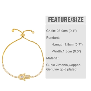 Detailed view of Hamsa Hand bracelet with dimensions and gold-plated copper material