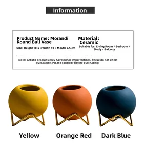 Detailed specs of Morandi ceramic round vases with golden three-legged metal stands
