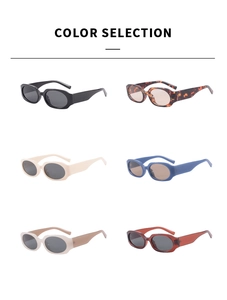 Detailed color selection showing six different oval frame sunglasses in various stylish hues