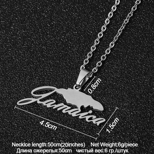Detail showing polished stainless steel Jamaica map pendant with dimensions and measurements