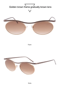 Front and side views of oval golden metal sunglasses with brown gradient lenses
