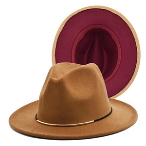 Two-tone wool fedora hat in camel and wine red with a stylish metal buckle band