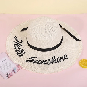 Wide brim straw sun hat with Hello Sunshine embroidery and chic black ribbon detail