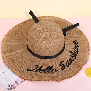 Women Wide Brim Straw Sun Hat With Hello Sunshine Embroidery And Black Bow Ribbon For Beach Vacation Summer Outdoor