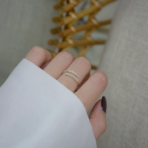 Elegant 14k gold plated double-layer open ring with petite pearls and sparkling zircon