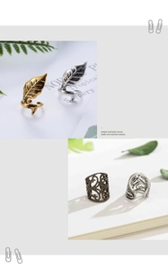 Detail of vintage leaf and hollow pattern ear cuffs in gold, silver, and bronze finish