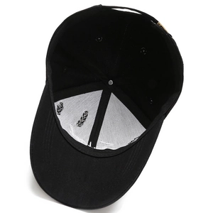 Unisex black cotton baseball cap with adjustable metal buckle and breathable mesh lining
