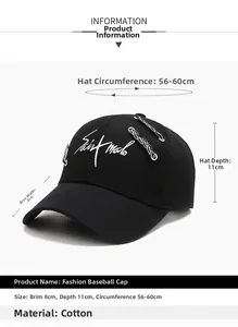Detail of cotton baseball cap with white embroidery, metal chain and size specifications
