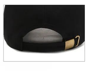 Detail of black cotton baseball cap showing adjustable antique bronze metal buckle closure