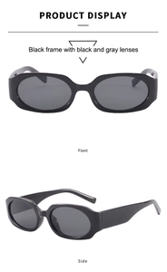 Front and side view of retro black polygon sunglasses with dark grey lenses