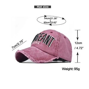 Detailed size chart of vintage washed pink baseball cap with GEANT embroidery