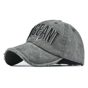 Close-up of GEANT DIPPER 3D embroidery and distressed ripped details on a gray baseball cap