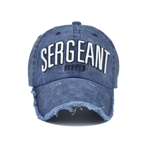Distressed blue denim baseball cap with 3D embroidery and vintage washed details