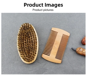 Detailed view of boar bristle beard brush and double-sided wooden comb for grooming