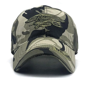 Jungle camouflage baseball cap with golden Navy Seal eagle embroidery and curved brim