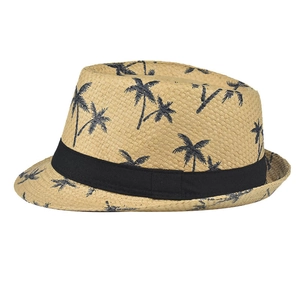 Classic linen straw fedora with navy coconut tree patterns and black decorative band