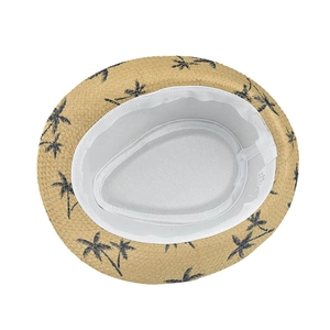 Detail view of the interior white sweatband and palm tree print on the straw fedora hat