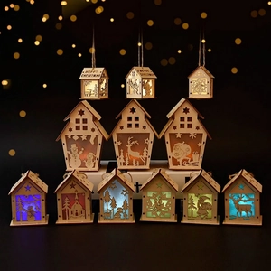 Christmas Luminous Wooden House Laser Cut LED Light Festive Hanging Ornament DIY Cabin Desktop Decoration Snowman Reindeer