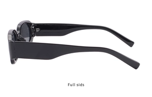 Detailed side view of the wide black temples of these retro polygonal sunglasses