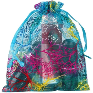 Blue organza drawstring bag with colorful coral patterns and cosmetic storage