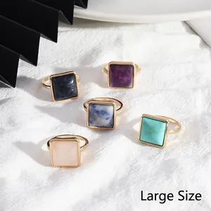 Minimalist square natural stone alloy rings in assorted colors with a textured gold finish