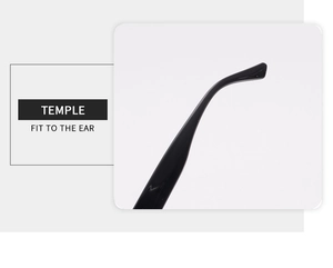 Detail of ergonomic black glossy sunglasses temples designed to fit perfectly to the ear